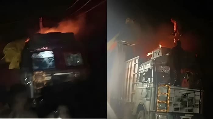 عیدالاضحیٰ سے قبل ہندوتو تنظیموں کی غنڈہ گردی،پولیس کی موجودگی میں ٹرک میں آگ لگادی